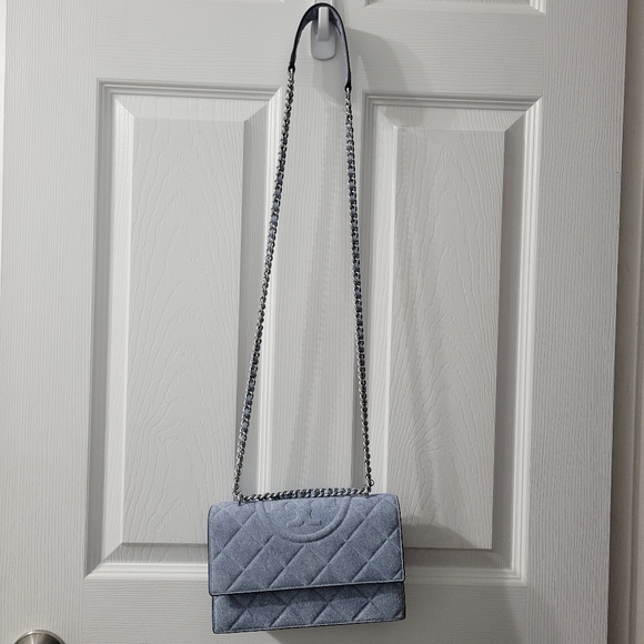 Tory Burch Fleming Denim Print Suede Small Convertible Shoulder Bag - Picture 3 of 15